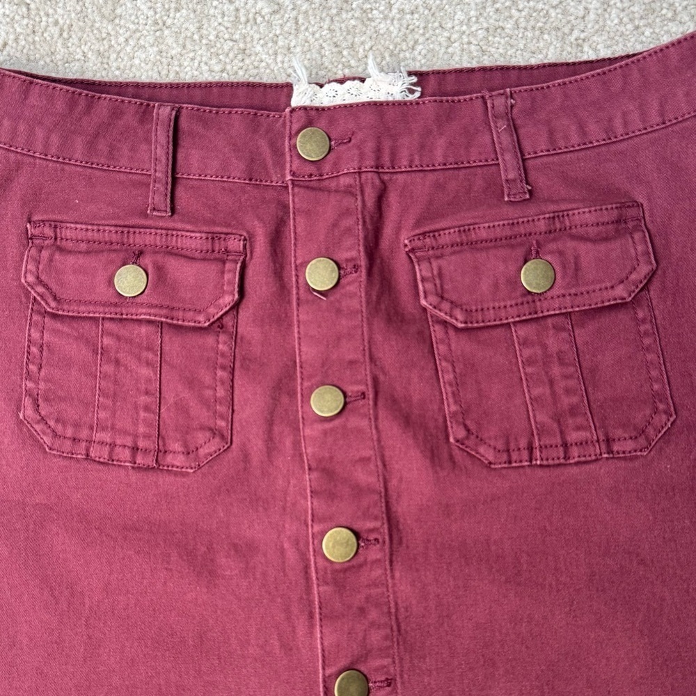 Altar’d State Burgundy Miniskirt Cotton Blend Front Patch Pockets Stretch Large - Picture 2 of 6